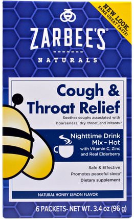 Cough & Throat Relief, Nighttime Drink, Natural Honey Lemon Flavor, 6 Packets, 3.4 oz (96 g) by Zarbees, 補充劑，褪黑激素3毫克 HK 香港